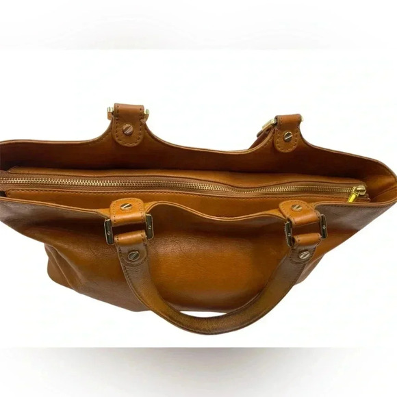 Vintage Tory Burch Bombe Glazed Leather Handbag Zip Top Tote in Luggage tan - Picture 4 of 12